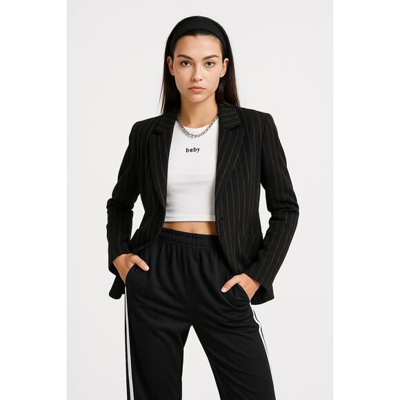 Lorena Antoniazzi Black & Gold Pinstripe Virgin Wool Blazer – Size 40 (US 6-8) - Picture 3 of 8